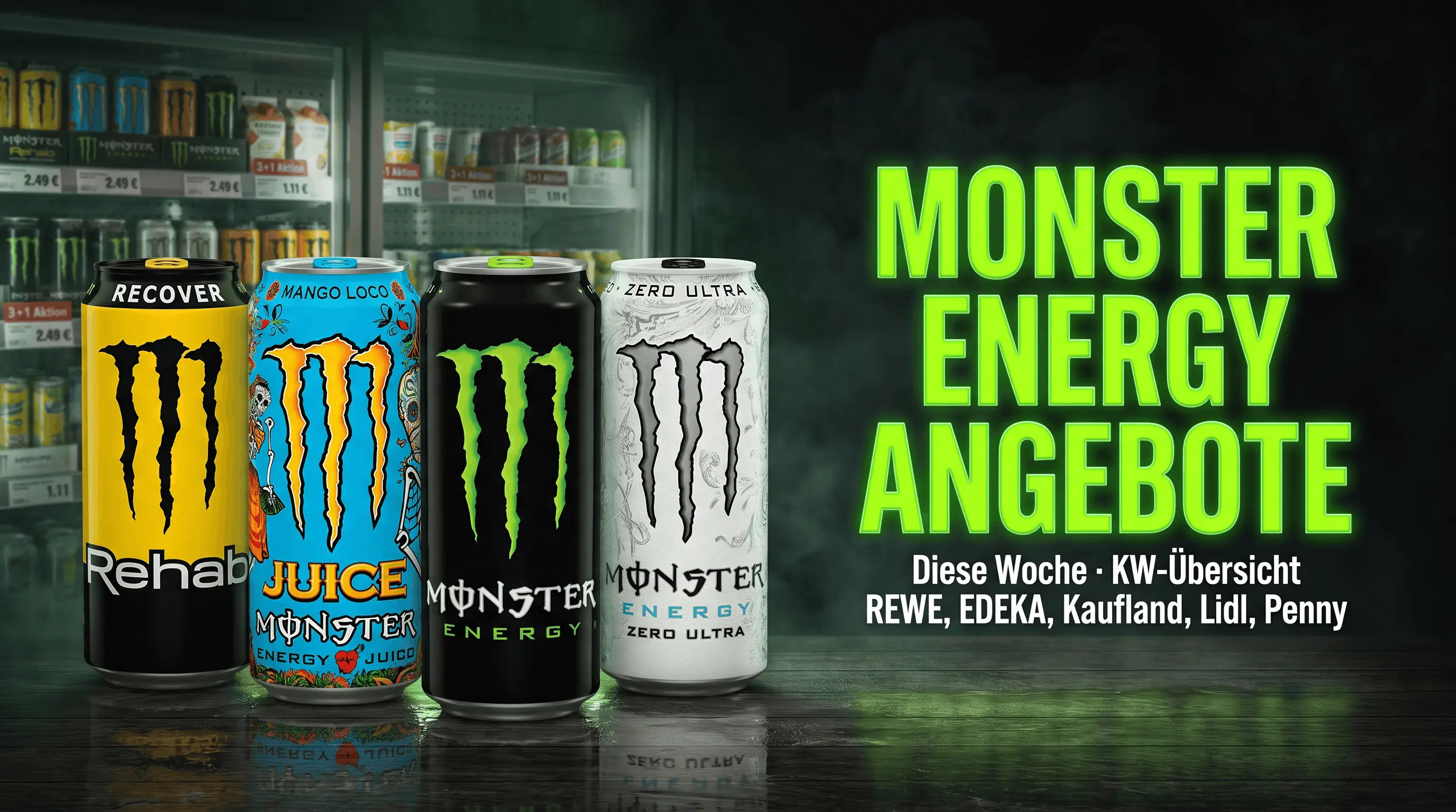 Monster Energy Angebote diese Woche 2026, Wochenprospekt-Übersicht REWE, Edeka, Kaufland, Lidl und Penny mit aktuellen Stückpreisen pro 500-ml-Dose