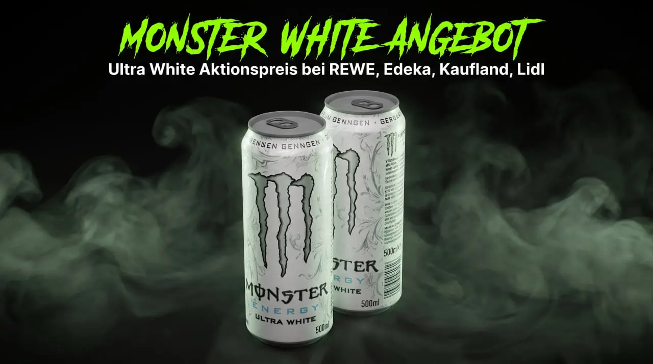 Monster Ultra White Angebot 2026, Zero-Sugar-Variante mit Citrus-Twist-Note in weißer Dose, Aktionspreise REWE, Edeka, Lidl